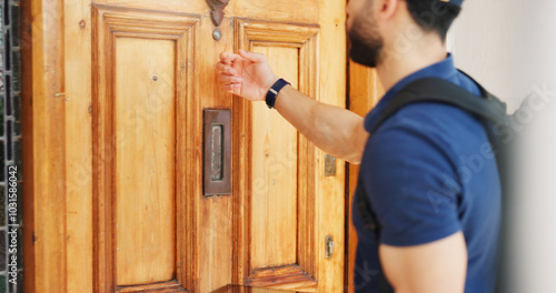 Fotografía Delivery, hand and man knock on door for shipping, distribution service or back