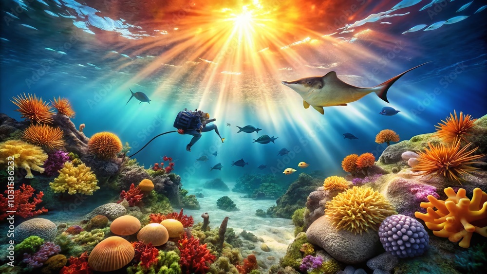 SCUBA Diver Interacting with Majestic Stingrays Underwater in Clear Blue Ocean SCUBA Diver Interacting with Majestic Stingrays Underwater in Clear Blue Ocean