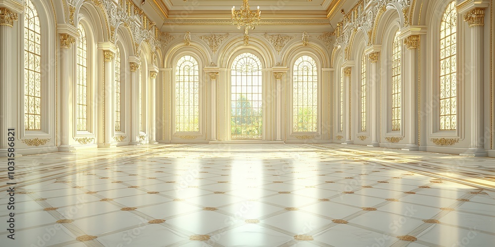 Luxurious White Gold Ballroom Interior with Sunbeams and Arch Windows Luxurious White Gold Ballroom Interior with Sunbeams and Arch Windows