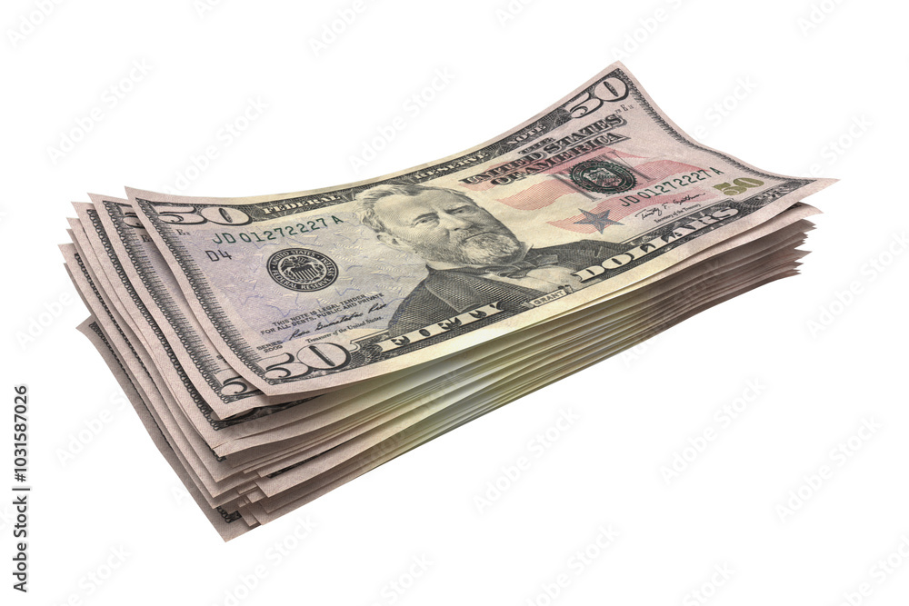 Close up Pile of fifty US dollar transparent background. Usa dollar bill 3d rendering Close up Pile of fifty US dollar transparent background. Usa dollar bill 3d rendering
