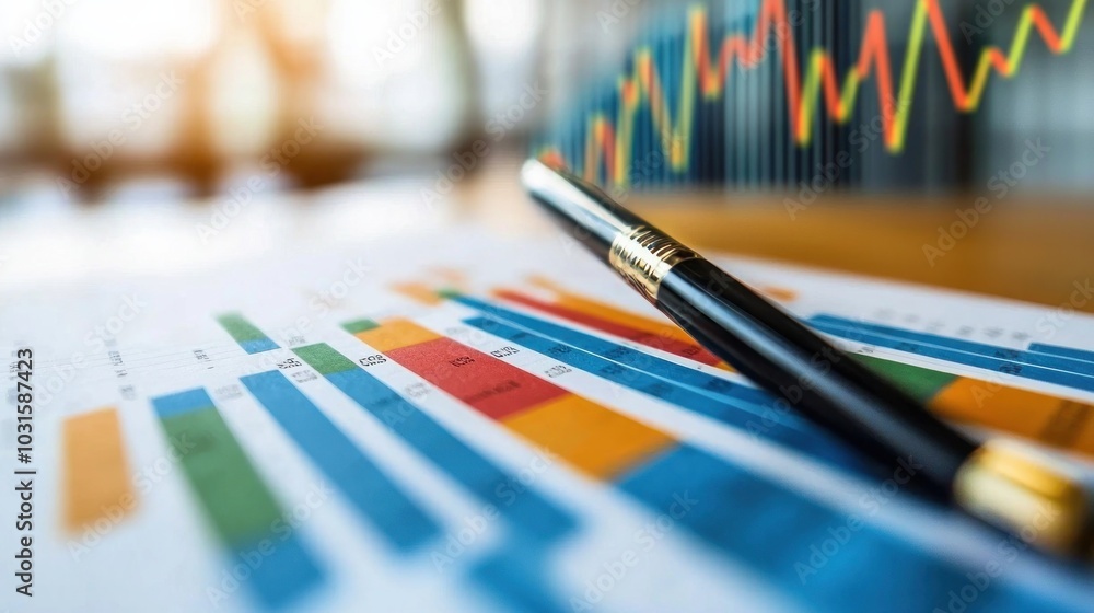 Close-up of a pen on financial data sheets with colorful charts and graphs, representing analysis and business strategy. Close-up of a pen on financial data sheets with colorful charts and graphs, representing analysis and business strategy.