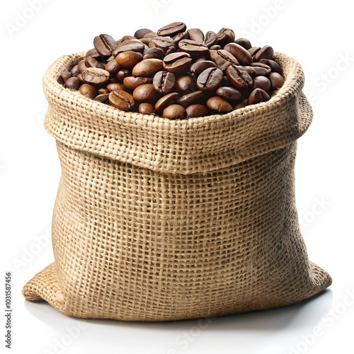 Burlap Sack Filled with Coffee Beans on White Background