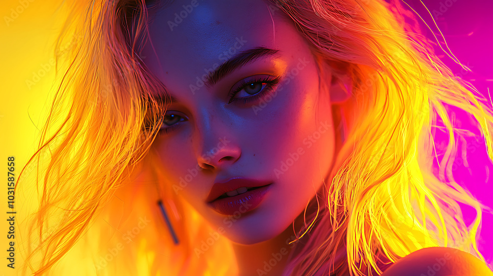 A striking portrait of a futuristic woman with vibrant yellow hair illuminated by neon lights. The woman has piercing eyes and freckles, surrounded by abstract neon patterns and glowing lines. A striking portrait of a futuristic woman with vibrant yellow hair illuminated by neon lights. The woman has piercing eyes and freckles, surrounded by abstract neon patterns and glowing lines.