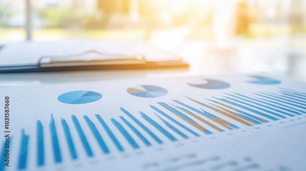 Close-up of financial graphs and charts on a desk, showcasing data analysis and business growth concepts in a bright environment. Close-up of financial graphs and charts on a desk, showcasing data analysis and business growth concepts in a bright environment.