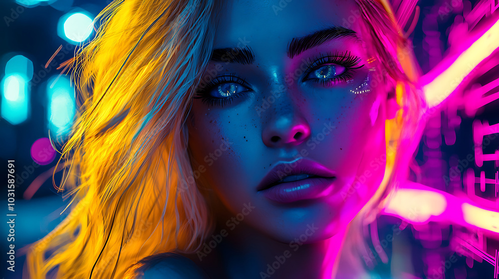 A striking portrait of a futuristic woman with vibrant yellow hair illuminated by neon lights. The woman has piercing eyes and freckles, surrounded by abstract neon patterns and glowing lines. A striking portrait of a futuristic woman with vibrant yellow hair illuminated by neon lights. The woman has piercing eyes and freckles, surrounded by abstract neon patterns and glowing lines.