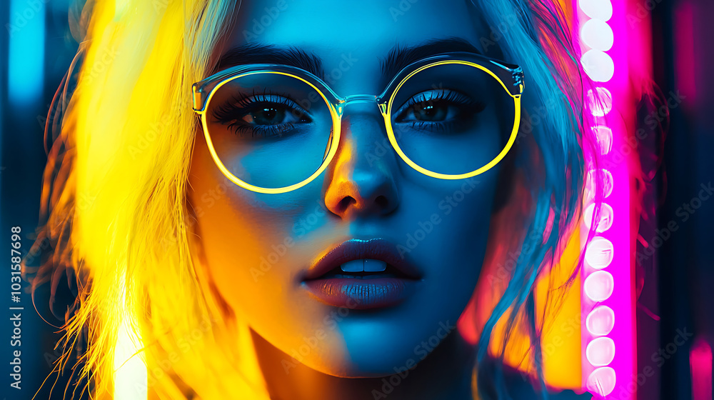 Obraz premium A striking portrait of a futuristic woman with vibrant yellow hair illuminated by neon lights. The woman has piercing eyes and freckles, surrounded by abstract neon patterns and glowing lines.