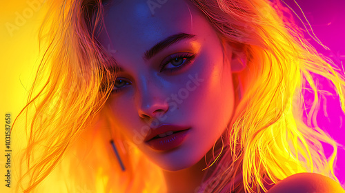 A striking portrait of a futuristic woman with vibrant yellow hair illuminated by neon lights. The woman has piercing eyes and freckles, surrounded by abstract neon patterns and glowing lines.