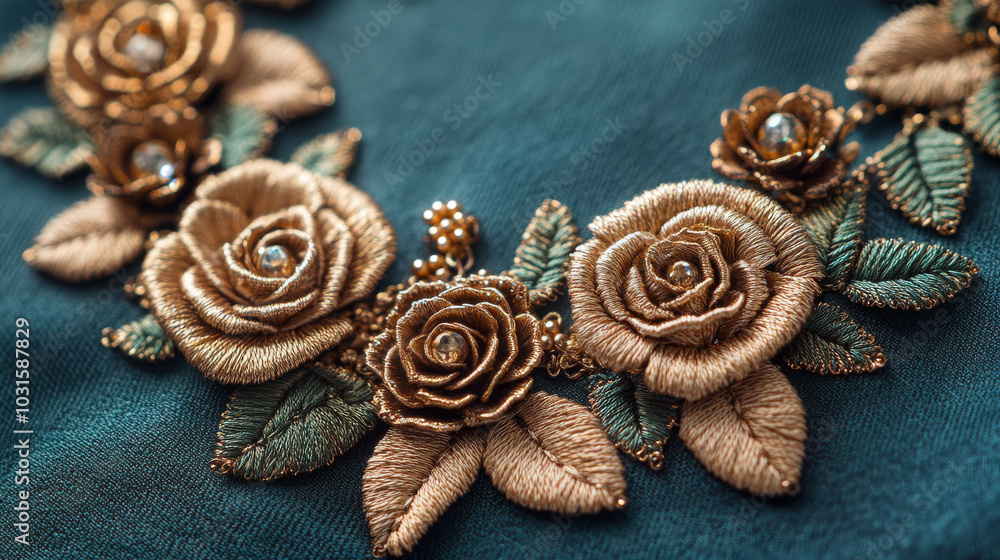 A beautiful necklace design featuring embroidered flowers. The flowers are detailed with roses and leaves, shining in a rich golden color. The design has a classic vintage style. A beautiful necklace design featuring embroidered flowers. The flowers are detailed with roses and leaves, shining in a rich golden color. The design has a classic vintage style.