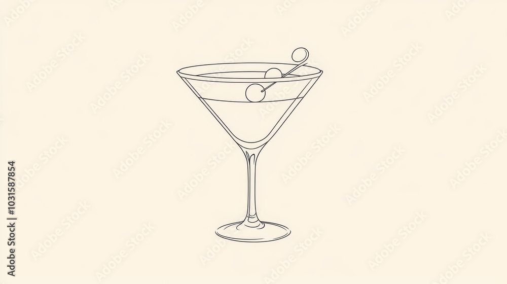 A simple, continuous line drawing of a cocktail glass with an olive inside. It's a minimalist design, perfect for representing a drink like a martini.continuous single one line art concept. A simple, continuous line drawing of a cocktail glass with an olive inside. It's a minimalist design, perfect for representing a drink like a martini.continuous single one line art concept.