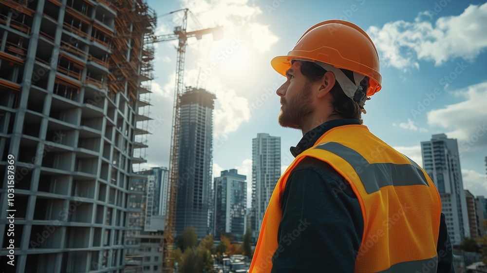Construction worker in a safety vest and helmet observes a building site in an urban landscape, highlighting the intersection of architecture and progress in real estate development. Construction worker in a safety vest and helmet observes a building site in an urban landscape, highlighting the intersection of architecture and progress in real estate development.
