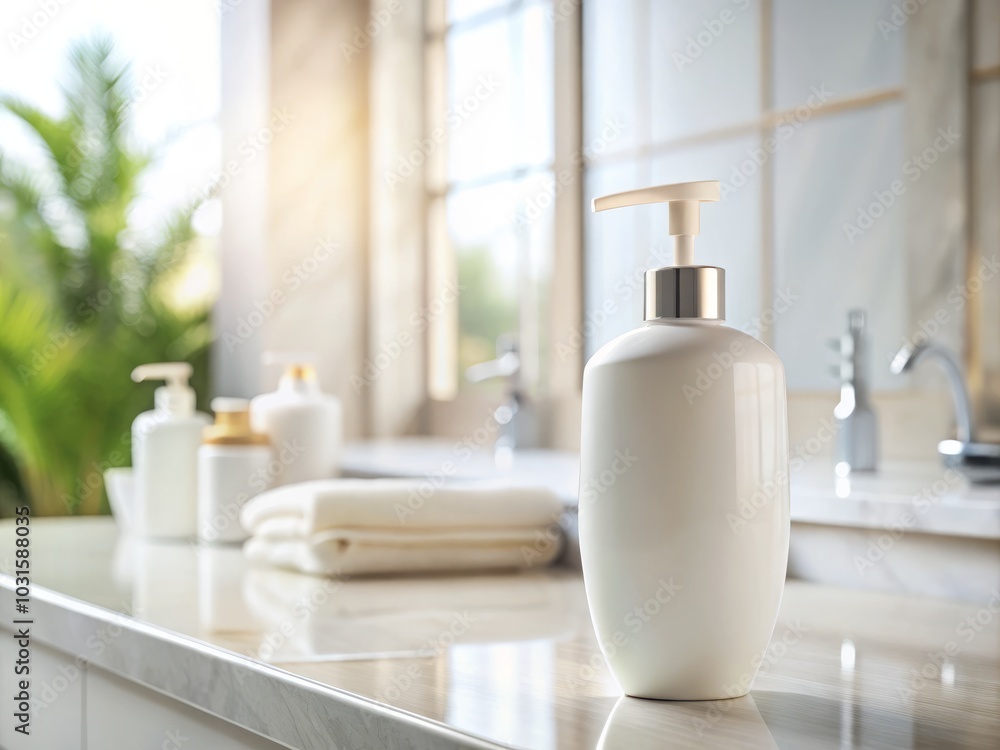Empty White Shampoo Bottle Mockup on Bathroom Counter for Product Photography, Clean Aesthetic, Minimalist Design, Professional Quality Imagery, Unbranded Packaging Display Empty White Shampoo Bottle Mockup on Bathroom Counter for Product Photography, Clean Aesthetic, Minimalist Design, Professional Quality Imagery, Unbranded Packaging Display