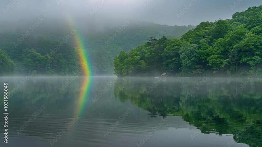 Serene Rainbow Over Misty Lake Landscape Serene Rainbow Over Misty Lake Landscape