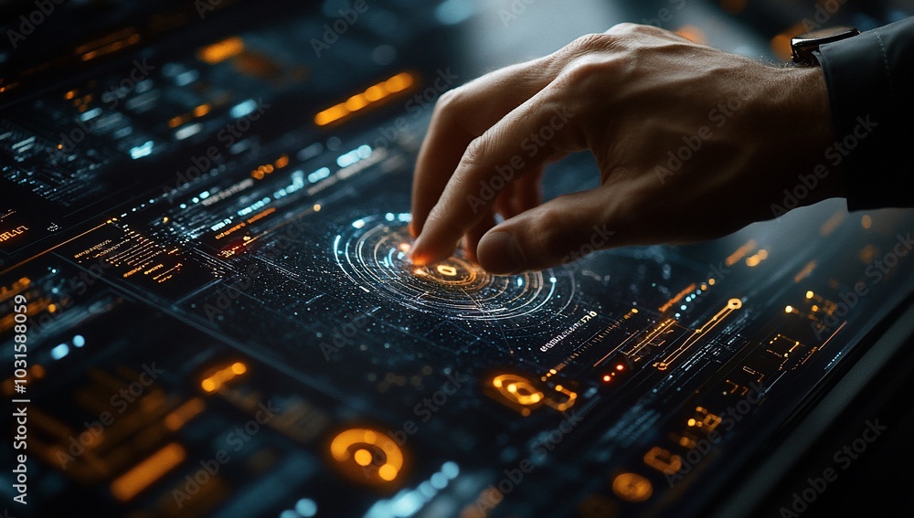 A hand interacts with a futuristic digital interface displaying data and graphics. A hand interacts with a futuristic digital interface displaying data and graphics.