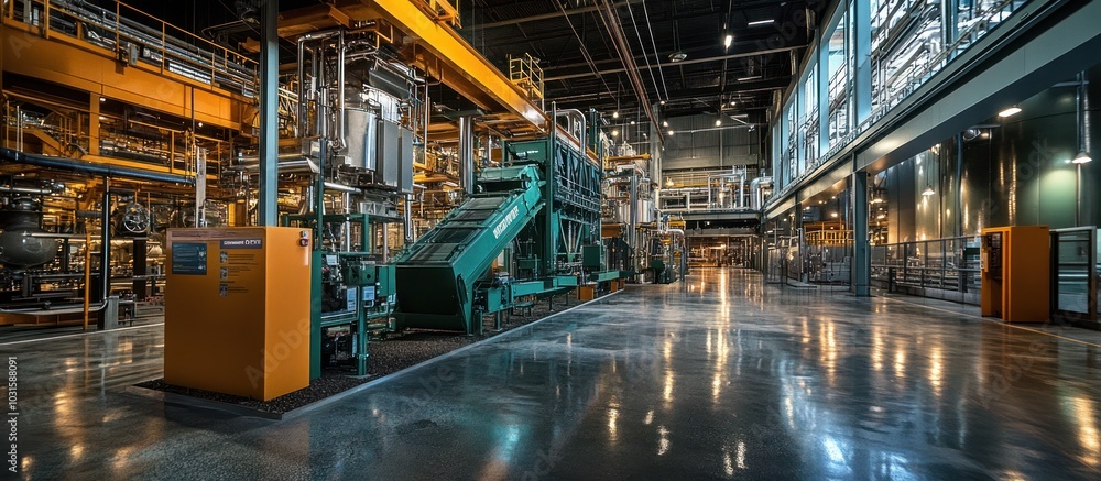 Modern factory interior with machinery and a large industrial space. Modern factory interior with machinery and a large industrial space.