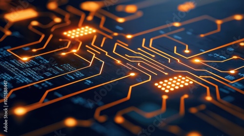 Digital circuit board close-up with glowing orange patterns, symbolizing technology and innovation in electronics.