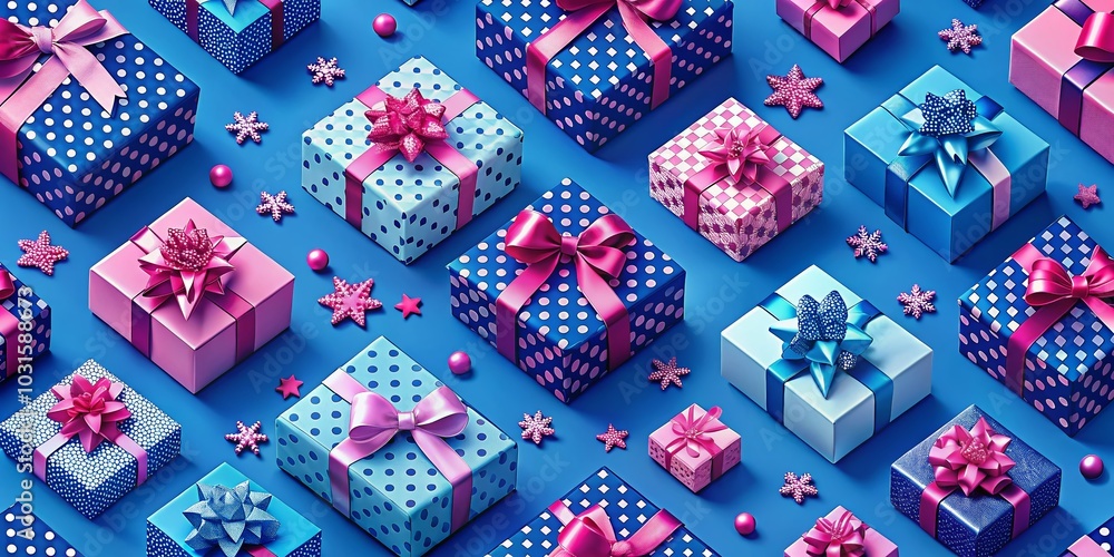 Fototapeta premium Seamless Festive Pattern with Gifts for Wrapping Paper and Fabric - Blue and Pink Background Design