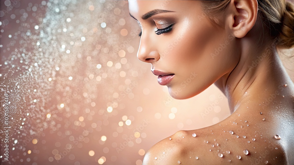Naklejka premium Closeup of Hydrated Skin with Water Droplets on Shoulder Against Soft Pink Background, Highlighting Smoothness and Beauty for Skincare and Wellness Themes