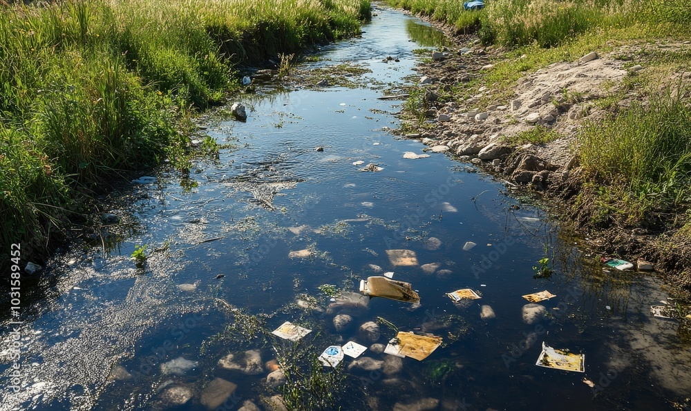 Trash floating in a polluted stream. Trash floating in a polluted stream.