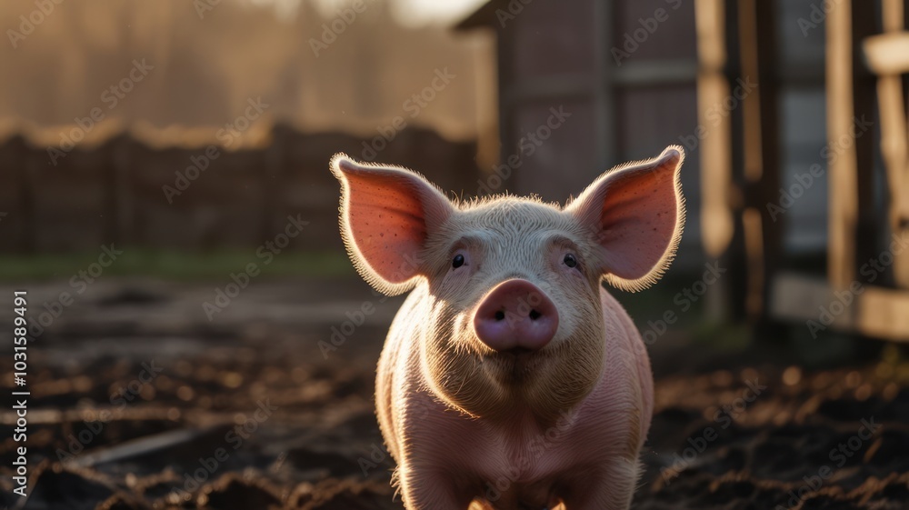 A pink piglet with large ears stands in a farmyard with a wooden shed in the background. A pink piglet with large ears stands in a farmyard with a wooden shed in the background.