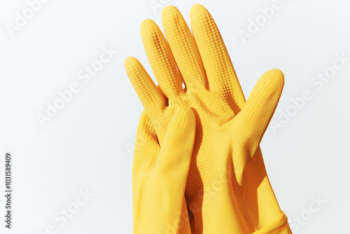 Yellow rubber gloves on white background 3d ing