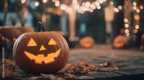 Glowing Halloween pumpkin jack-o'-lantern with festive lights in a cozy outdoor setting, perfect for Halloween night decoration, fall celebrations, and spooky ambiance photo