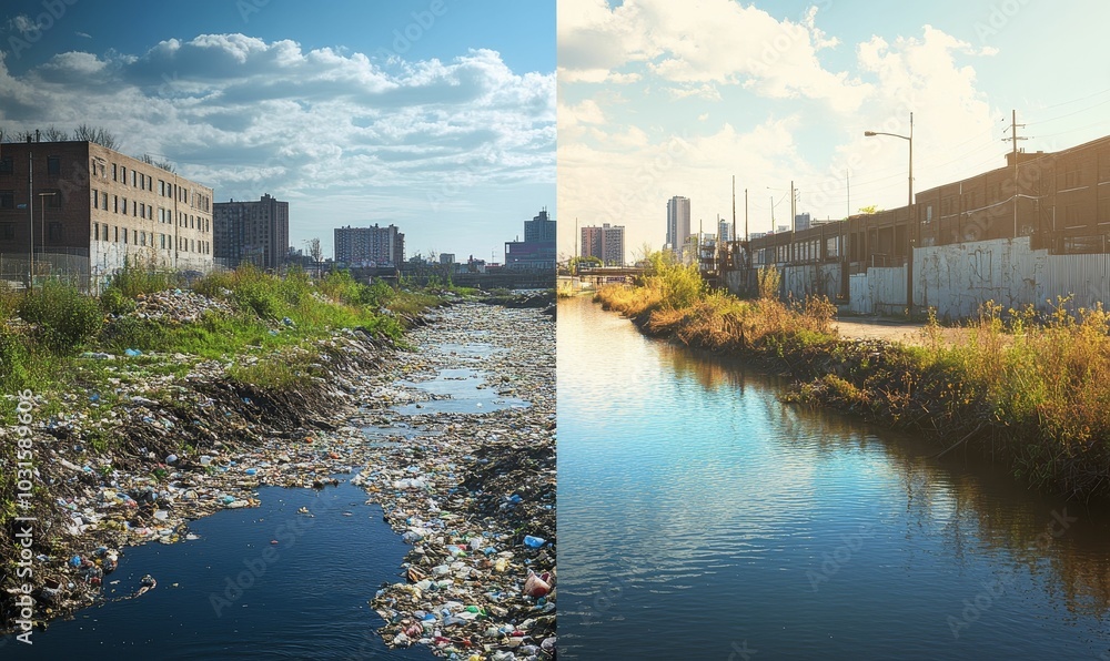 Naklejka premium Urban river, polluted side and clean side.
