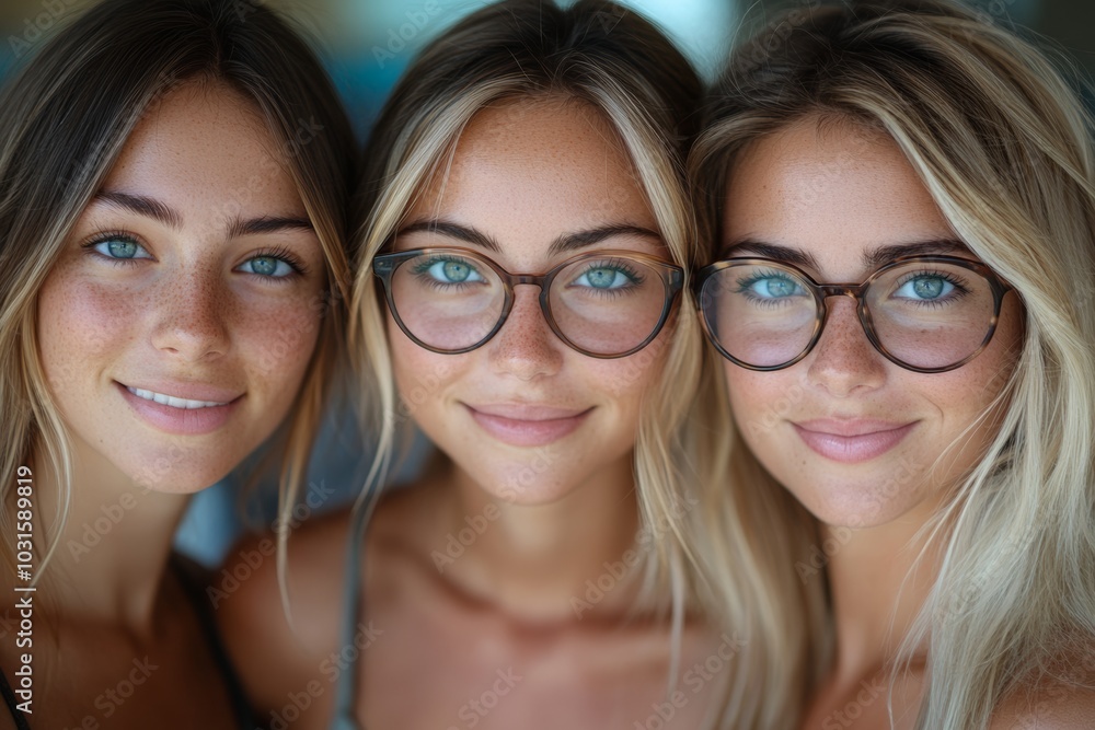 Three women with glasses and one man with a hat. The man is smiling and the women are smiling. Team photography portrait glasses