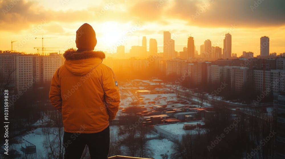 Fototapeta premium Sunset View of Urban Skyline and Cityscape. Person stands atop a rooftop, gazing toward a stunning sunset illuminating a modern urban skyline, capturing the serene beauty of city life at twilight.