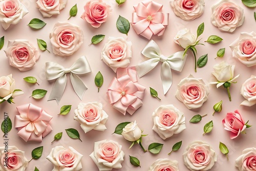 Seamless Minimalist Floral Background with Pink Roses and White Bows for Spring Decor and Design Projects