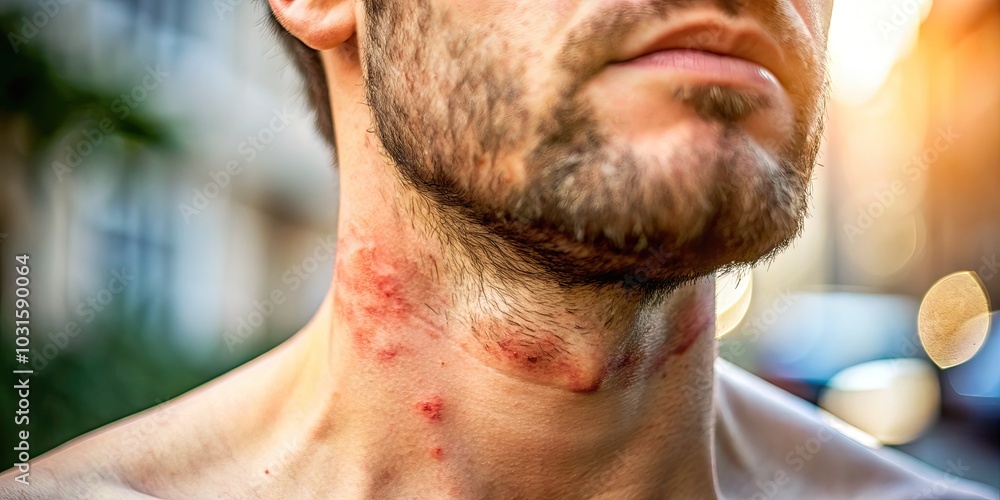 Naklejka premium Closeup of Razor Burn and Rash on Skin with Tilt-Shift Photography Technique for Skin Care Awareness and Grooming Tips