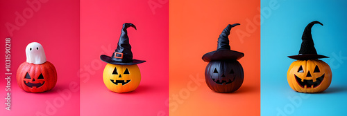 Colorful Halloween pumpkins with ghost and witch hats, perfect for Halloween decor ideas and fun holiday themes, adding a festive touch to any spooky celebration or DIY setup photo