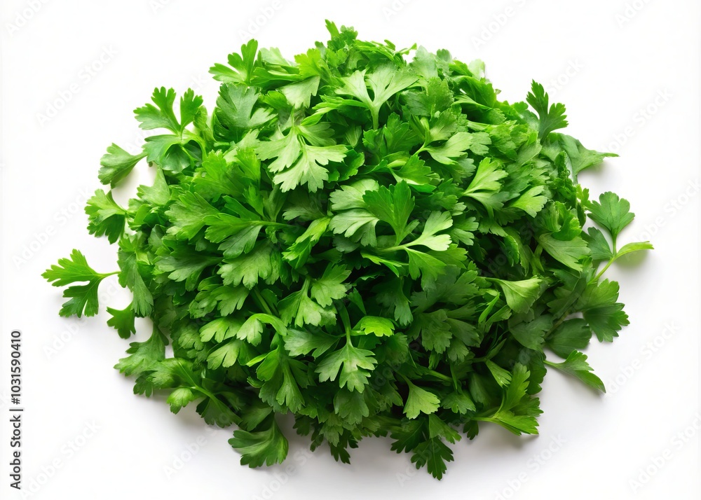 Fototapeta premium Fresh Chopped Parsley Leaves Isolated on Clean White Background for Culinary Use, Healthy Cooking, Garnishing, and Food Styling in Product Photography