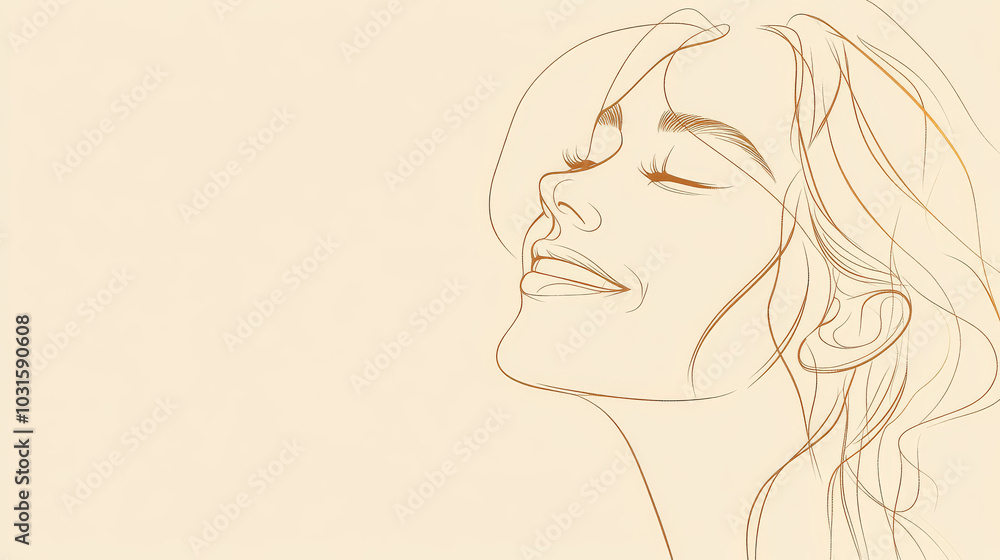 A continuous line drawing of a smiling woman's face, viewed from the side. The art is simple and elegant, highlighting her beauty.continuous single one line art concept. A continuous line drawing of a smiling woman's face, viewed from the side. The art is simple and elegant, highlighting her beauty.continuous single one line art concept.