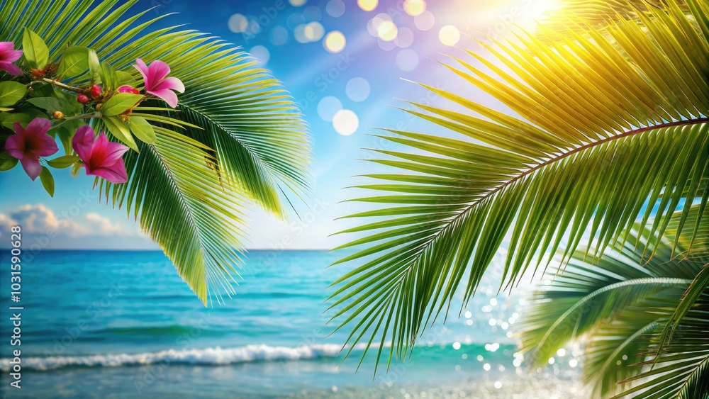 Close-Up of Swaying Palm Leaves with Bokeh Effect, Tropical Flowers, and Sea in the Background on a Sunny Summer Day Close-Up of Swaying Palm Leaves with Bokeh Effect, Tropical Flowers, and Sea in the Background on a Sunny Summer Day