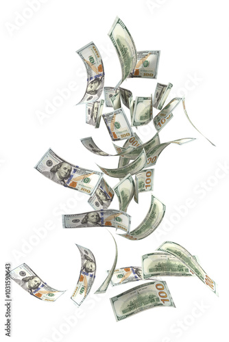 One hundred US dollar bill falling transparent image 3d rendering