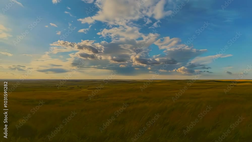 Summer Meadow Landscape: Wide Shot with Fluffy Clouds Summer Meadow Landscape: Wide Shot with Fluffy Clouds