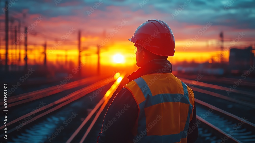 Worker observing sunset at railway tracks, silhouette at dusk Worker observing sunset at railway tracks, silhouette at dusk