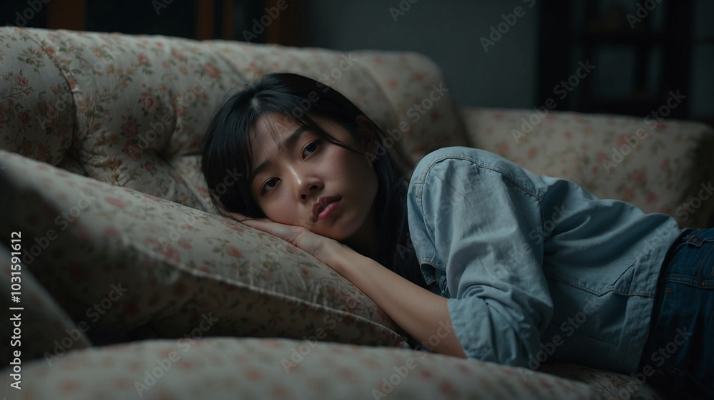Obraz premium ソファに横たわっている若いアジア人女性