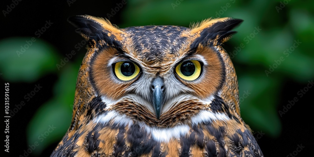 Close up Portrait of a Majestic Owl with Intense Gaze and Vibrant Colors Close up Portrait of a Majestic Owl with Intense Gaze and Vibrant Colors