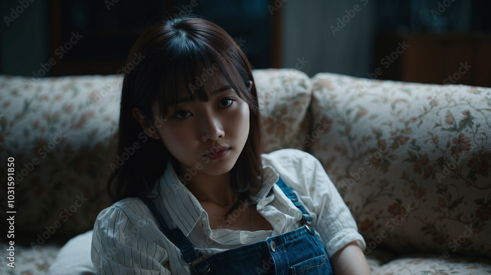 Obraz premium ソファに横たわっている若いアジア人女性