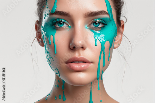 Woman's face splattered with turquoise paint, white background. Generative AI