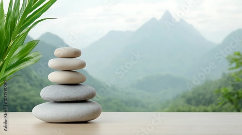 Serene stacking of smooth stones against a majestic mountain background in nature's tranquility