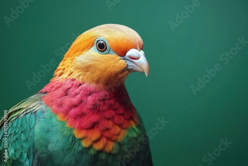 Captivating portrait of the Marquesan fruit dove in natural colors against a vivid green background