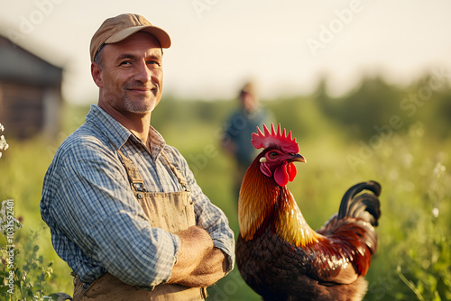 Farmer smiling with his colorful rooster on a farm, ideal image for rural lifestyle, farming community, animal lovers, and nature photography searches

 photo