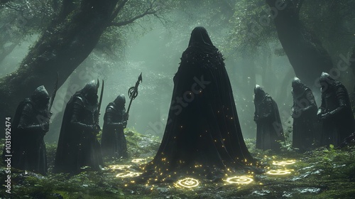 In a mist-filled forest, knights kneel before their queen in ceremonial armor, with glowing sigils beneath them, as the queen raises her staff, summoning ancient magic photo