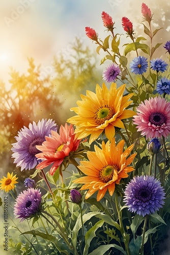 Colorful spring flowers basking in the morning light in watercolor style