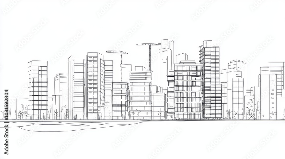 A continuous line drawing of a city building under construction.Illustration shows an urban apartment building design, emphasizing the architecture and cityscape.continuous single one line art concept A continuous line drawing of a city building under construction.Illustration shows an urban apartment building design, emphasizing the architecture and cityscape.continuous single one line art concept