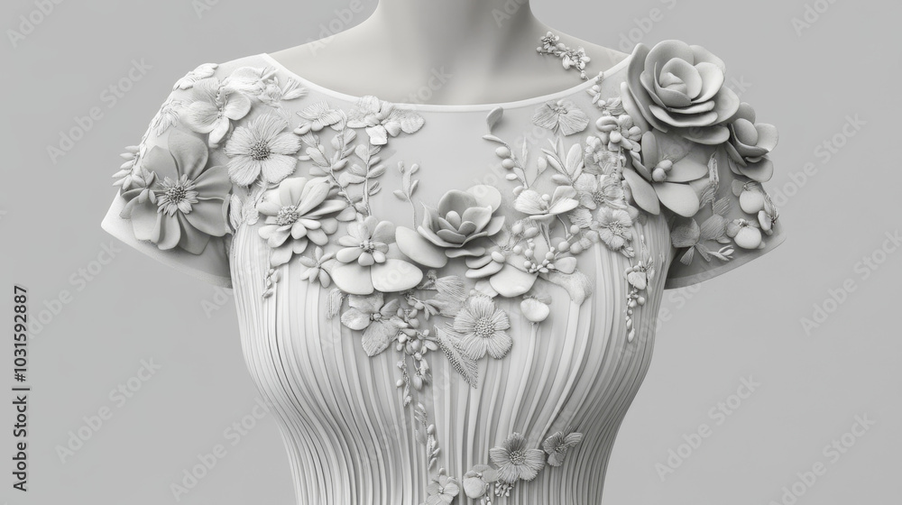 A realistic 3D mockup of a white dress featuring delicate floral embroidery. The design incorporates flowers, succulents, ranunculus, and eucalyptus, with a beautiful patch neckline. A realistic 3D mockup of a white dress featuring delicate floral embroidery. The design incorporates flowers, succulents, ranunculus, and eucalyptus, with a beautiful patch neckline.