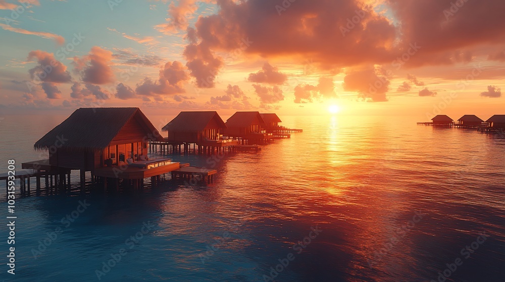 A serene sunset over water bungalows, reflecting vibrant colors in the calm sea. A serene sunset over water bungalows, reflecting vibrant colors in the calm sea.