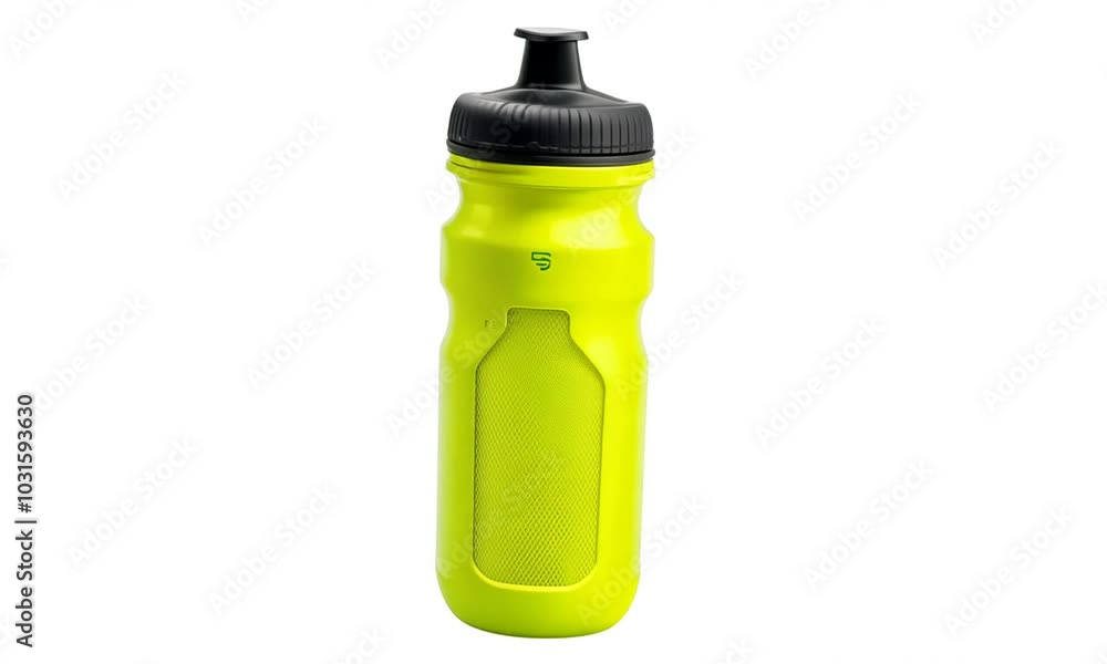 Yellow reusable water bottle with black lid and green logo isolated on white background. Yellow reusable water bottle with black lid and green logo isolated on white background.